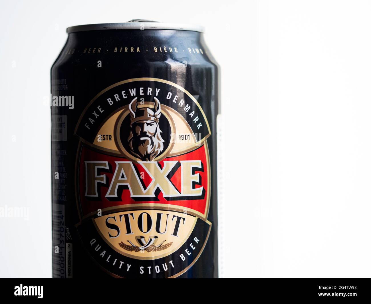 Cans of Faxe Stout beer on white background Stock Photo - Alamy