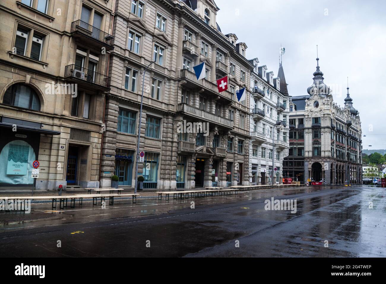 ZURICH - APRIL 28: View of a street Bahnhofstrasse on April 28, 2014 in Zurich, Switzerland. Zurich is the largest city in Switzerland and the capital Stock Photo