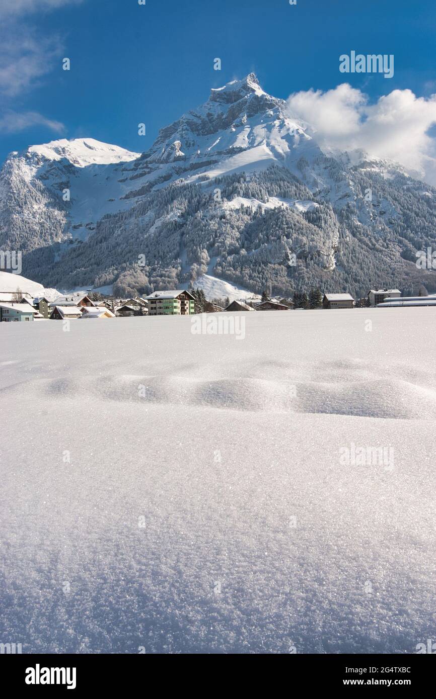 A landscape of a sunlit snow covered field with mountain backdrop at