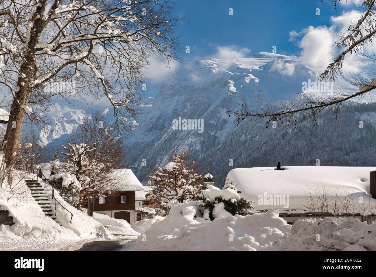 A winter scene of houses, chalets and rooftops covered in a thick layer of snow, also trees in Engelberg, Obwalden canton, central Switzerland Stock Photo