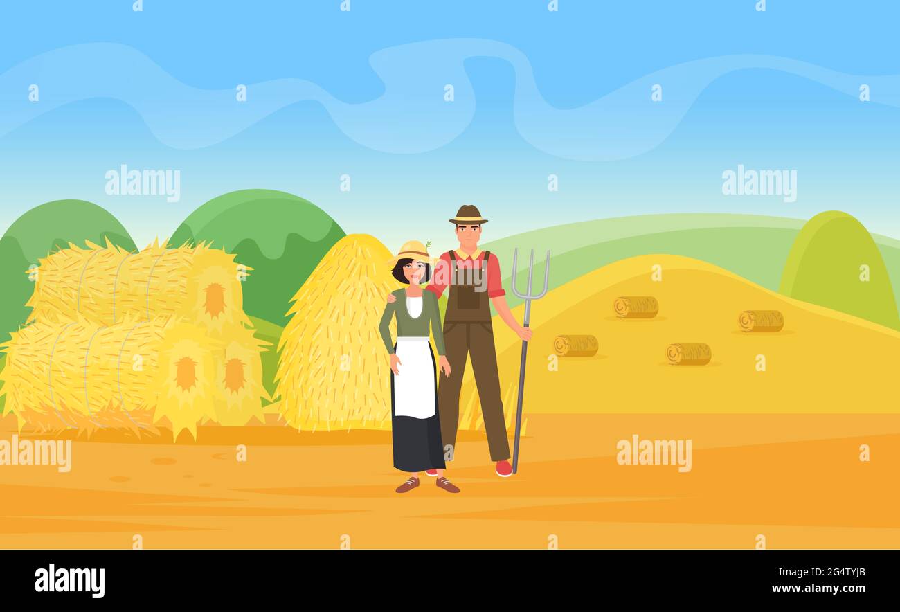 Farmer people work on wheat farm field with haystacks vector illustration. Cartoon villagers characters standing together in countryside farmland village landscape, holding pitchfork background Stock Vector