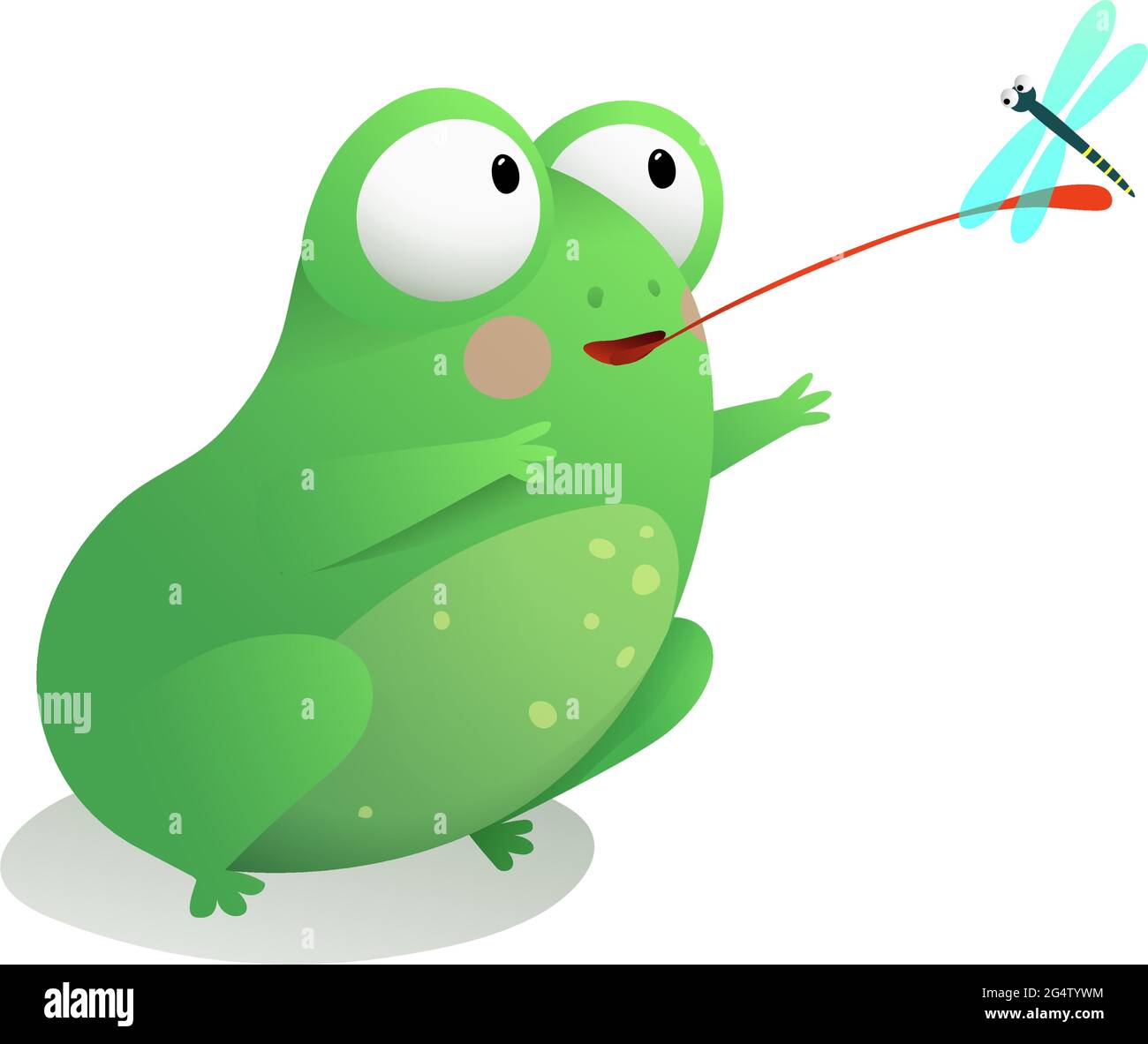 Cute Little Frog Catching Dragonfly with Tongue Stock Vector