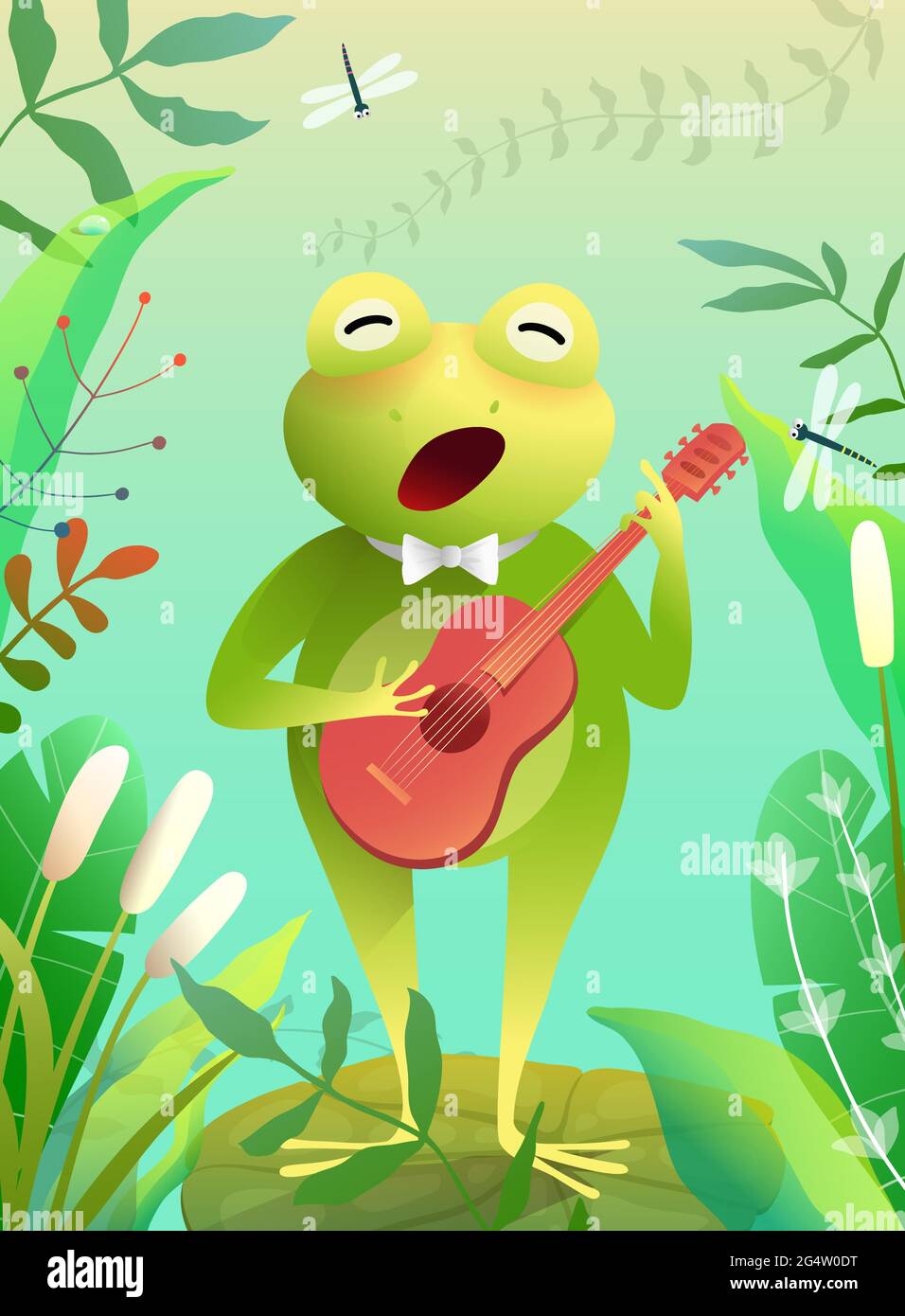 Frog or Toad Singing and Playing Guitar on Swamp Stock Vector