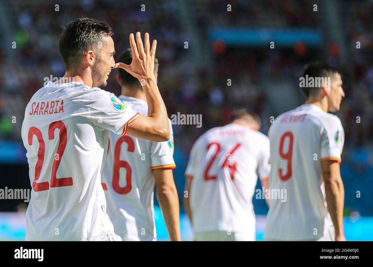 23 June 2021, Spain, Sevilla: Football: European Championship, Slovakia - Spain, preliminary round, Group E, Matchday 3 at Estadio de la Cartuja. Spain's Pablo Sarabia celebrates after scoring a goal. Photo: Cezaro De Luca/dpa Stock Photo