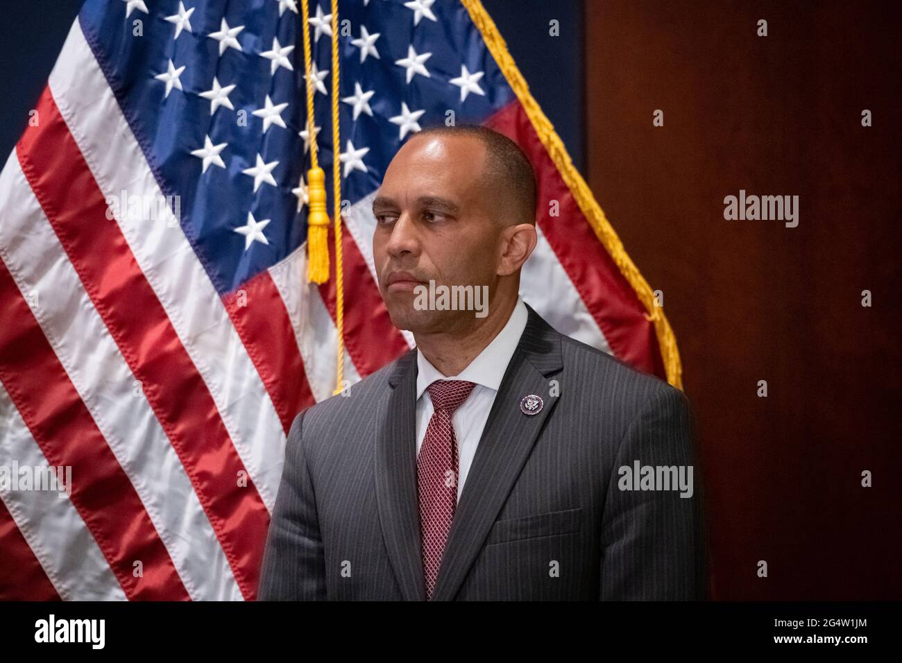 Washington, USA. 23rd June, 2021. Representative Hakeem Jeffries (D-NY) during a House Democrat Conference press Conference, at the U.S. Capitol, in Washington, DC, on Wednesday, June 23, 2021. Last night Senate Republicans filibustered a voting rights bill as bipartisan negotiations over infrastructure legislation grind on with little apparent progress building a package to beat the 60-vote filibuster threshold. (Graeme Sloan/Sipa USA) Credit: Sipa USA/Alamy Live News Stock Photo