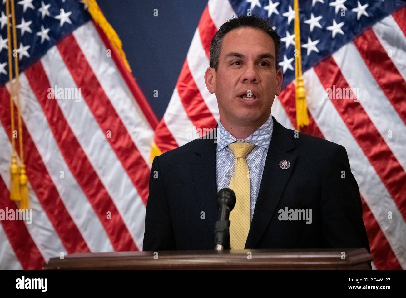 Washington, USA. 23rd June, 2021. Representative Pete Aguilar (D-CA) during a House Democrat Conference press Conference, at the U.S. Capitol, in Washington, DC, on Wednesday, June 23, 2021. Last night Senate Republicans filibustered a voting rights bill as bipartisan negotiations over infrastructure legislation grind on with little apparent progress building a package to beat the 60-vote filibuster threshold. (Graeme Sloan/Sipa USA) Credit: Sipa USA/Alamy Live News Stock Photo