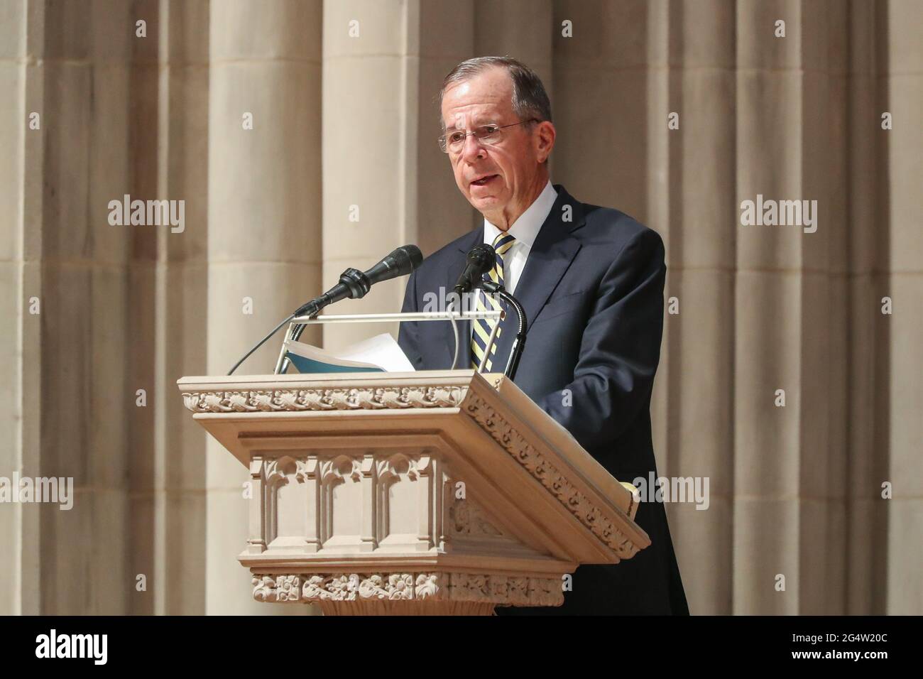 Former United States Chairman of the Joint Chiefs of Staff, Admiral Michael G. Mullen, USN, retired, speaks during the funeral ceremony for former US Senator John Warner (Republican of Virginia) at Washington National Cathedral on Wednesday, June 23, 2021 in Washington, DC. Credit: Oliver Contreras/Pool via CNP /MediaPunch Stock Photo