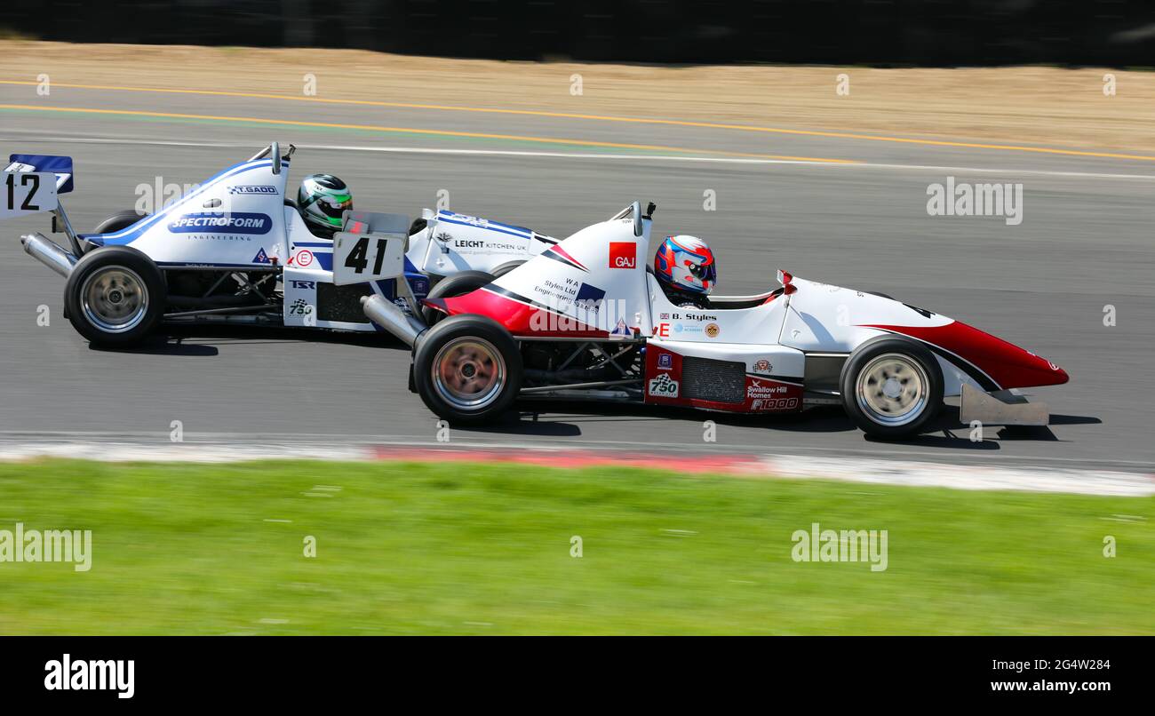 The 750 Motor Club  F1000 championship held at Brands Hatch, Kent, England.  June 2021. Featuring from left Thomas Gadd (12) and Billy Styles (41) Stock Photo