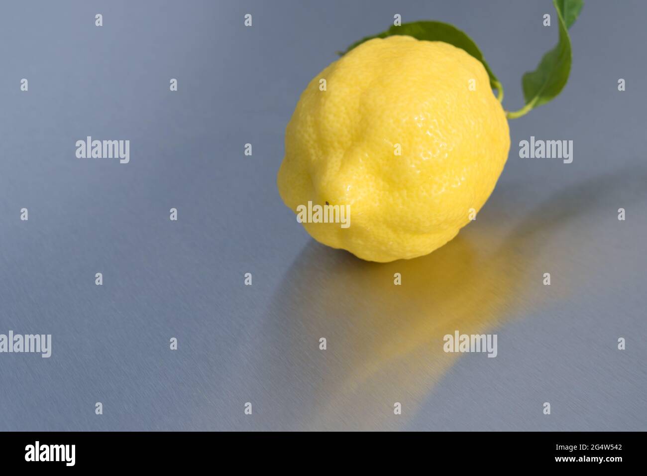 fresh sunny yellow lemon and leaf on clean metal background Stock Photo