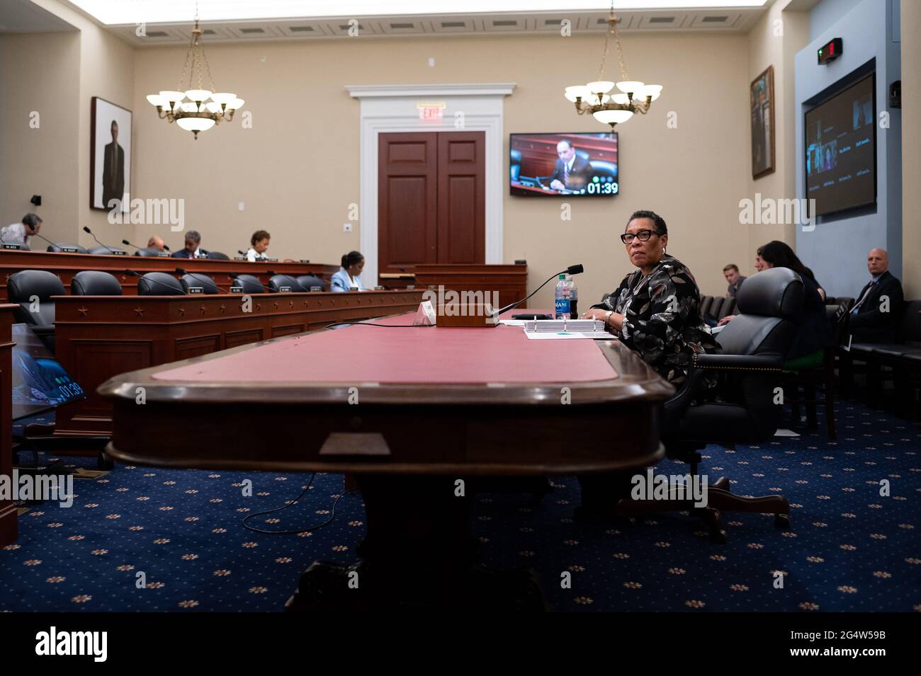 Washington, USA. 23rd June, 2021. Secretary of the Department of Housing and Urban Development Marcia Fudge testifies during a House Budget Committee hearing, at the U.S. Capitol, in Washington, DC, on Wednesday, June 23, 2021. Last night Senate Republicans filibustered a voting rights bill as bipartisan negotiations over infrastructure legislation grind on with little apparent progress building a package to beat the 60-vote filibuster threshold. (Graeme Sloan/Sipa USA) Credit: Sipa USA/Alamy Live News Stock Photo