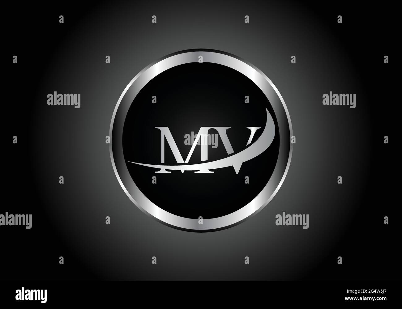 silver letter MV metal combination alphabet logo icon design with grey color on Black and white gradient design for a company or business Stock Vector
