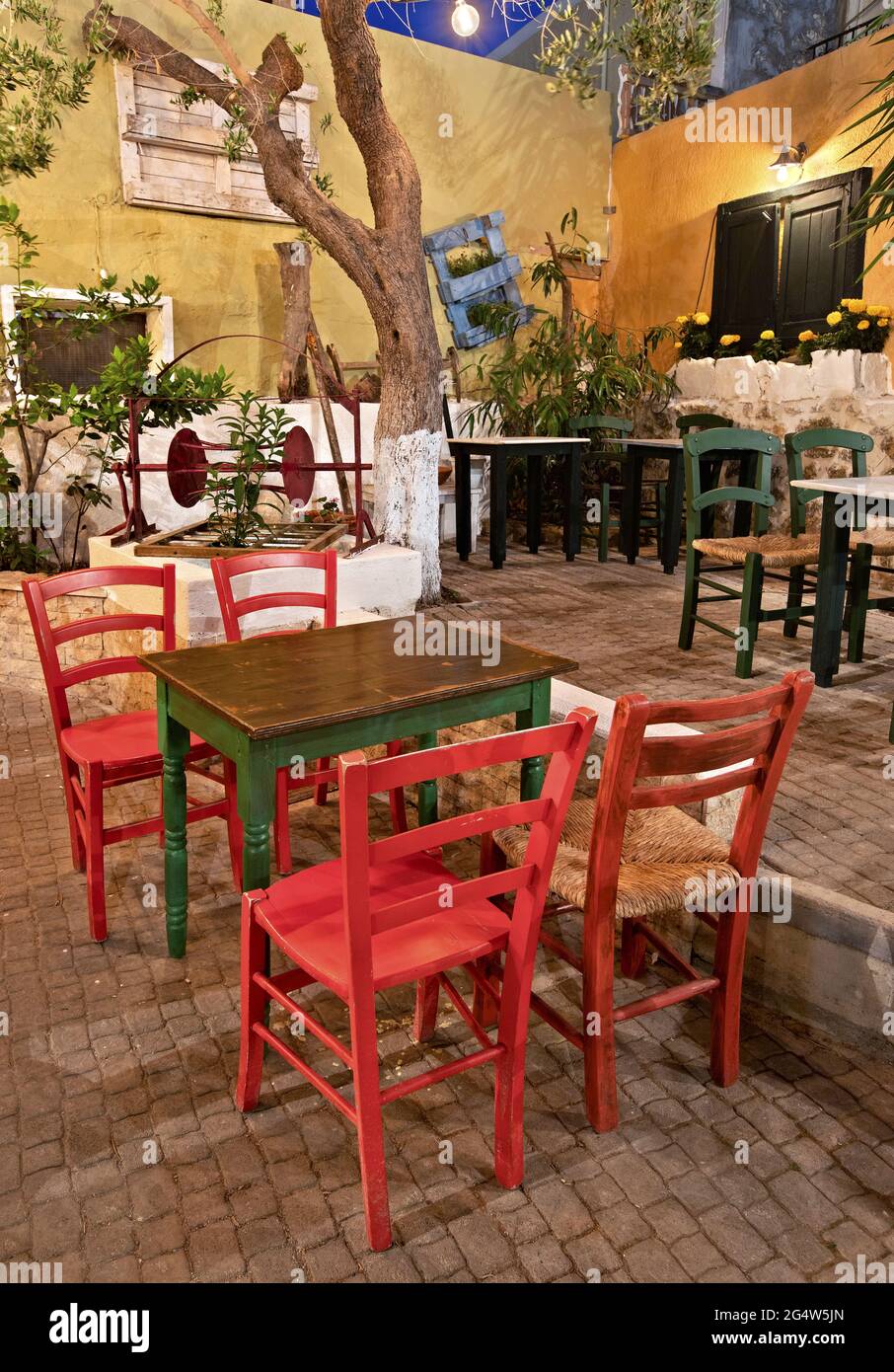 'Odeio' (literally 'Odeon') a beautiful tavern in Ierapetra town, Lassithi, Crete, Greece. Stock Photo
