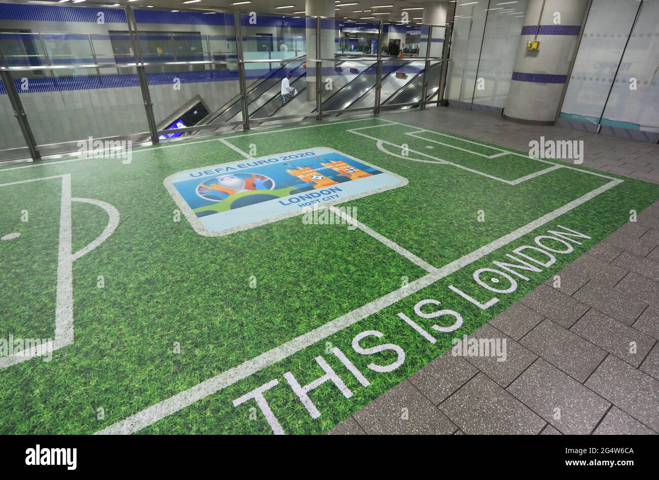 Replica, fun football pitch at Kings Cross station, for the Euros