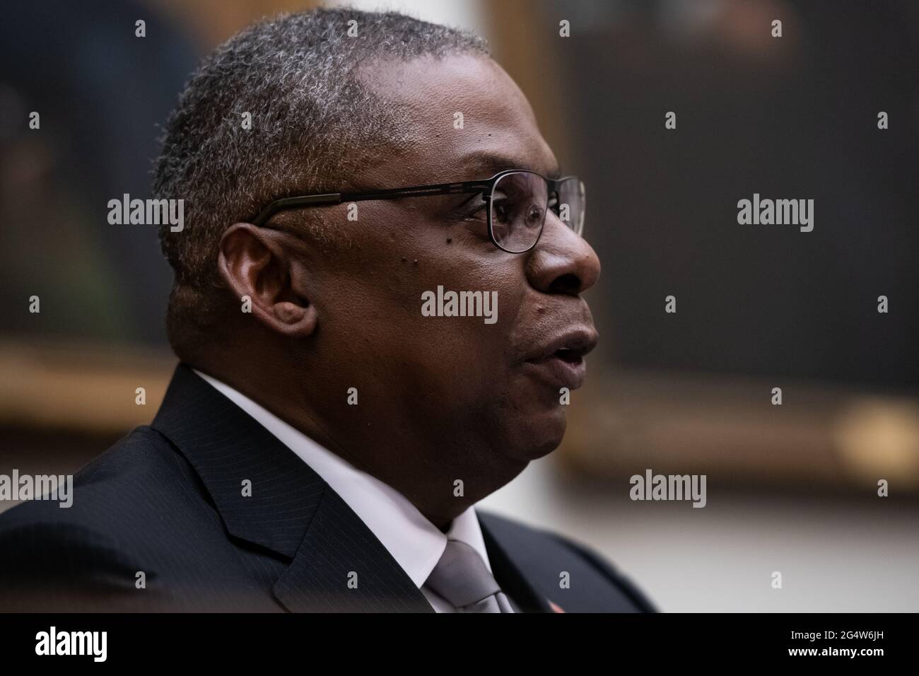 Washington, USA. 23rd June, 2021. Secretary of Defense Lloyd Austin testifies during a House Armed Services Committee hearing, at the U.S. Capitol, in Washington, DC, on Wednesday, June 23, 2021. Last night Senate Republicans filibustered a voting rights bill as bipartisan negotiations over infrastructure legislation grind on with little apparent progress building a package to beat the 60-vote filibuster threshold. (Graeme Sloan/Sipa USA) Credit: Sipa USA/Alamy Live News Stock Photo