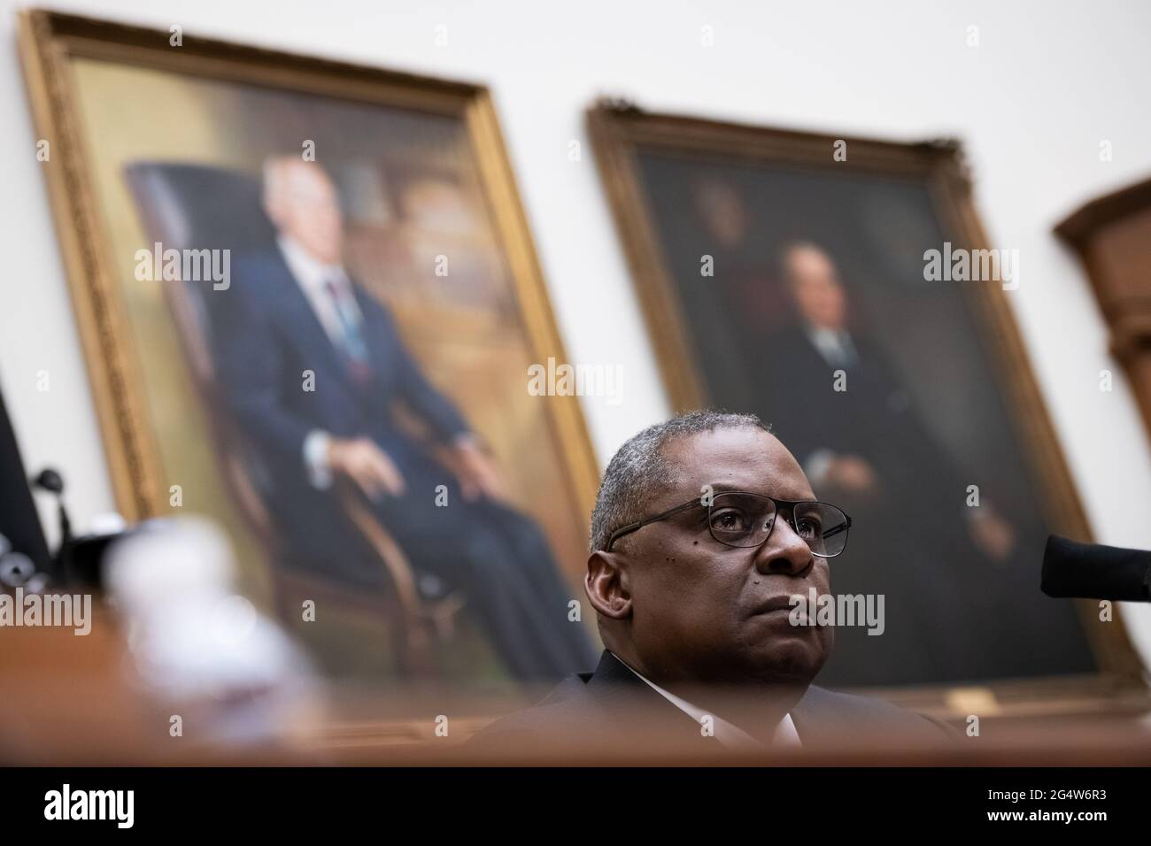 Washington, USA. 23rd June, 2021. Secretary of Defense Lloyd Austin testifies during a House Armed Services Committee hearing, at the U.S. Capitol, in Washington, DC, on Wednesday, June 23, 2021. Last night Senate Republicans filibustered a voting rights bill as bipartisan negotiations over infrastructure legislation grind on with little apparent progress building a package to beat the 60-vote filibuster threshold. (Graeme Sloan/Sipa USA) Credit: Sipa USA/Alamy Live News Stock Photo