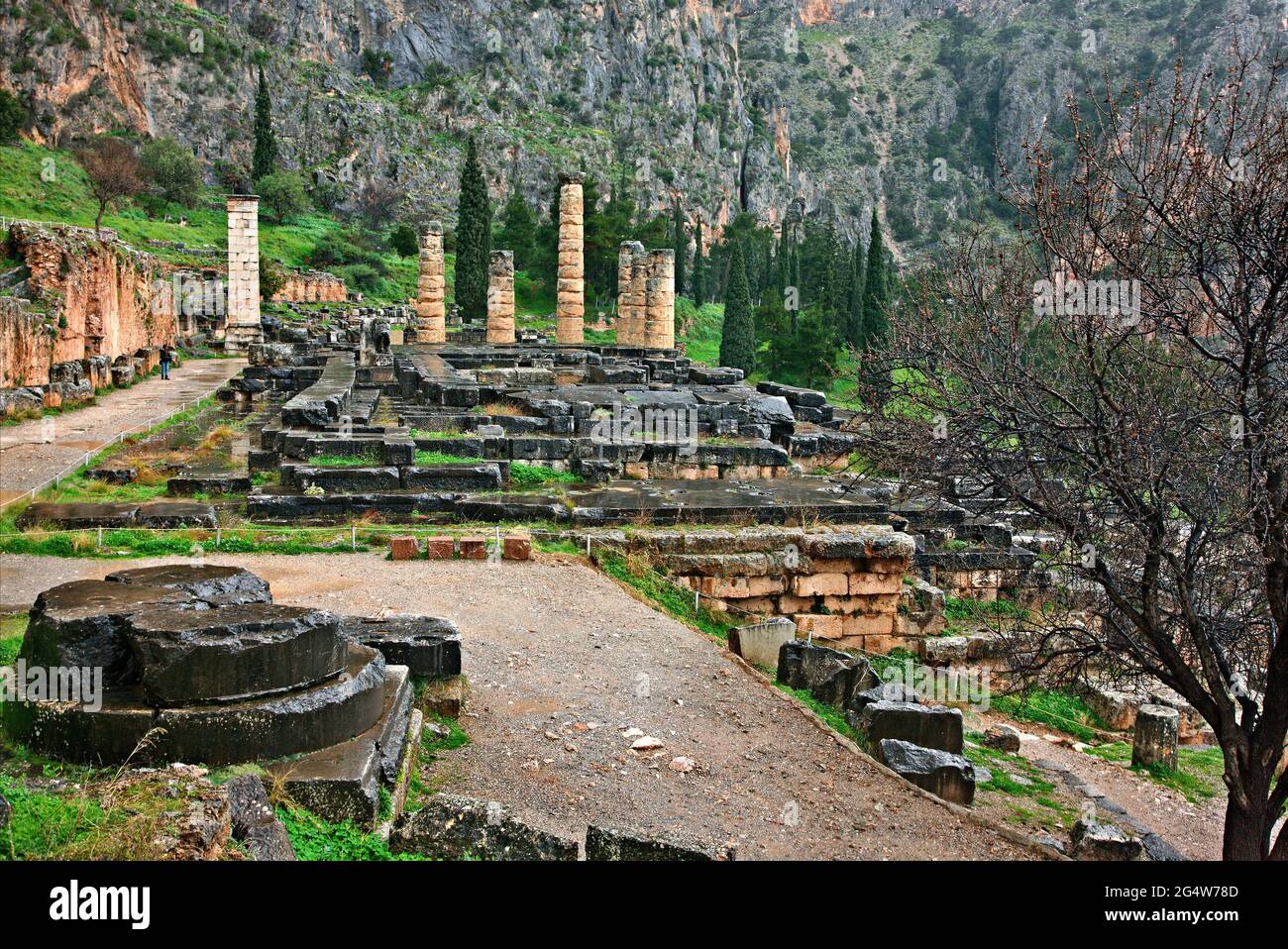 The temple of Apollo at ancient Delphi, the 'navel' of the ancient world, Fokida, Central Greece. Stock Photo