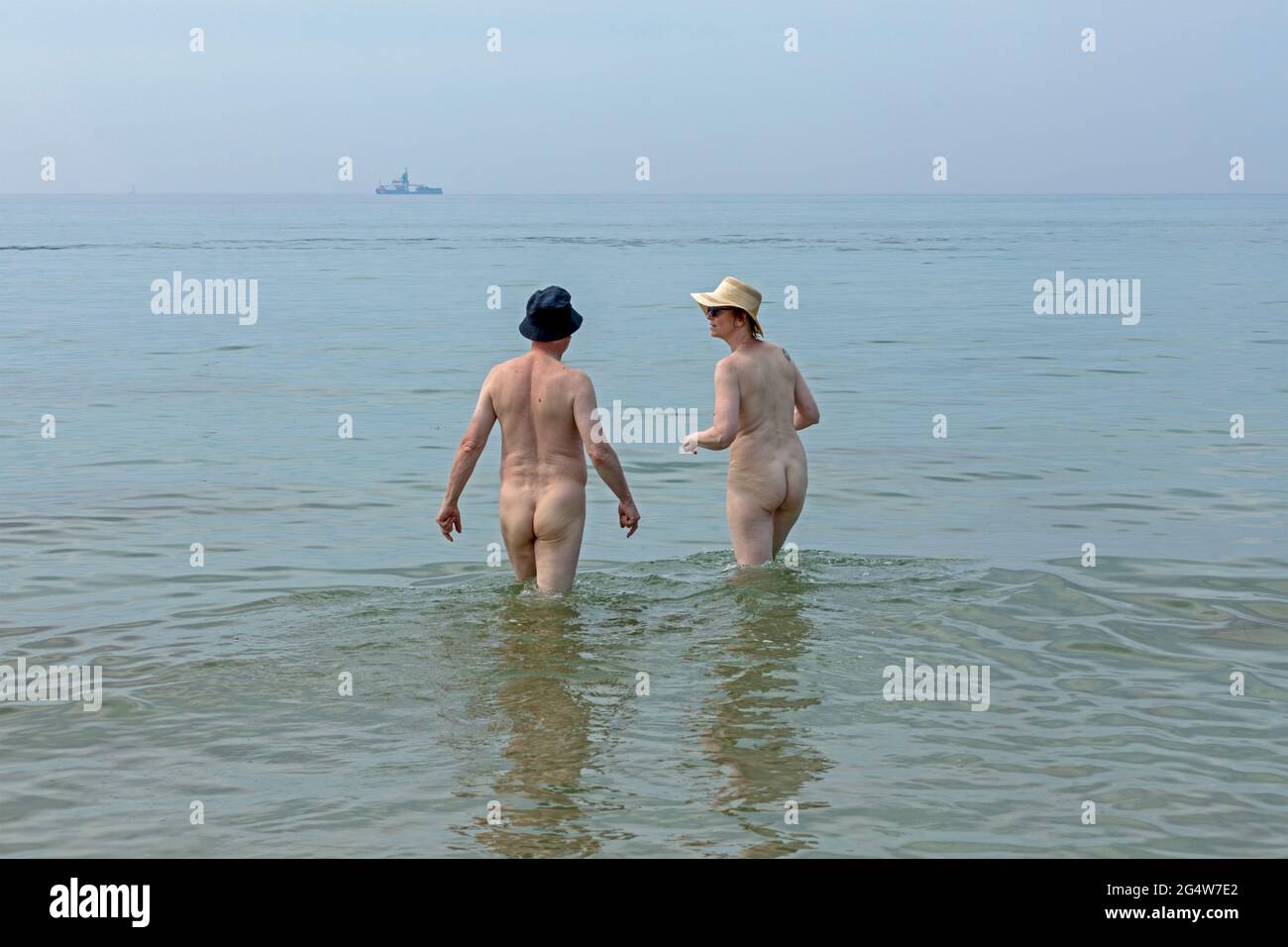 elderly couple skinny-dipping, Wustrow, Fischland, Mecklenburg-West Pomerania, Germany Stock Photo