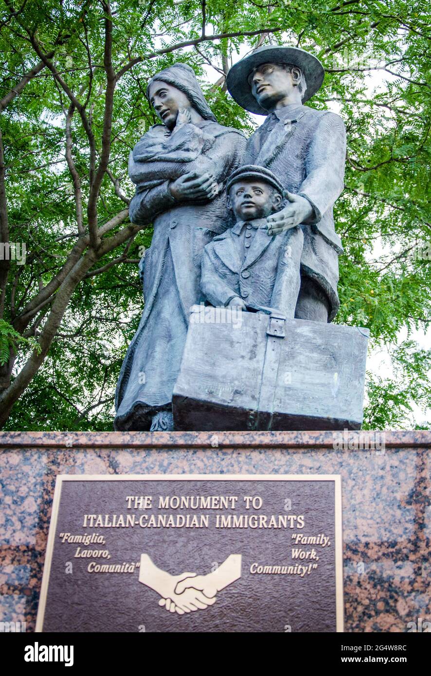 The Monument to Italian-Canadian Immigrants exemplifies the motto of ìFamily, Work, Community!î inscribed on the pedestal of the statue. The monument Stock Photo