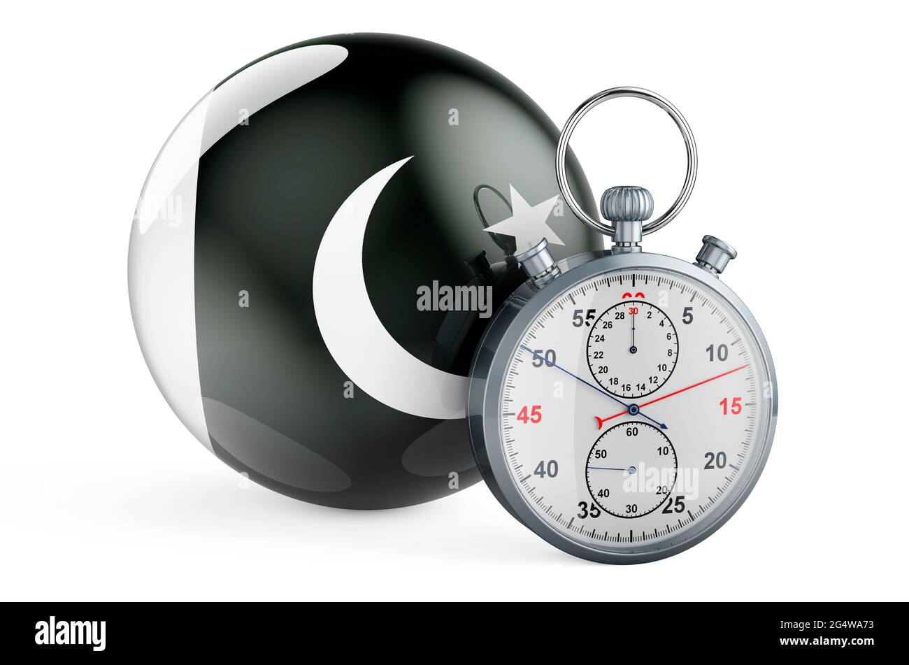 Stopwatch with flag of Pakistan, 3D rendering isolated on white