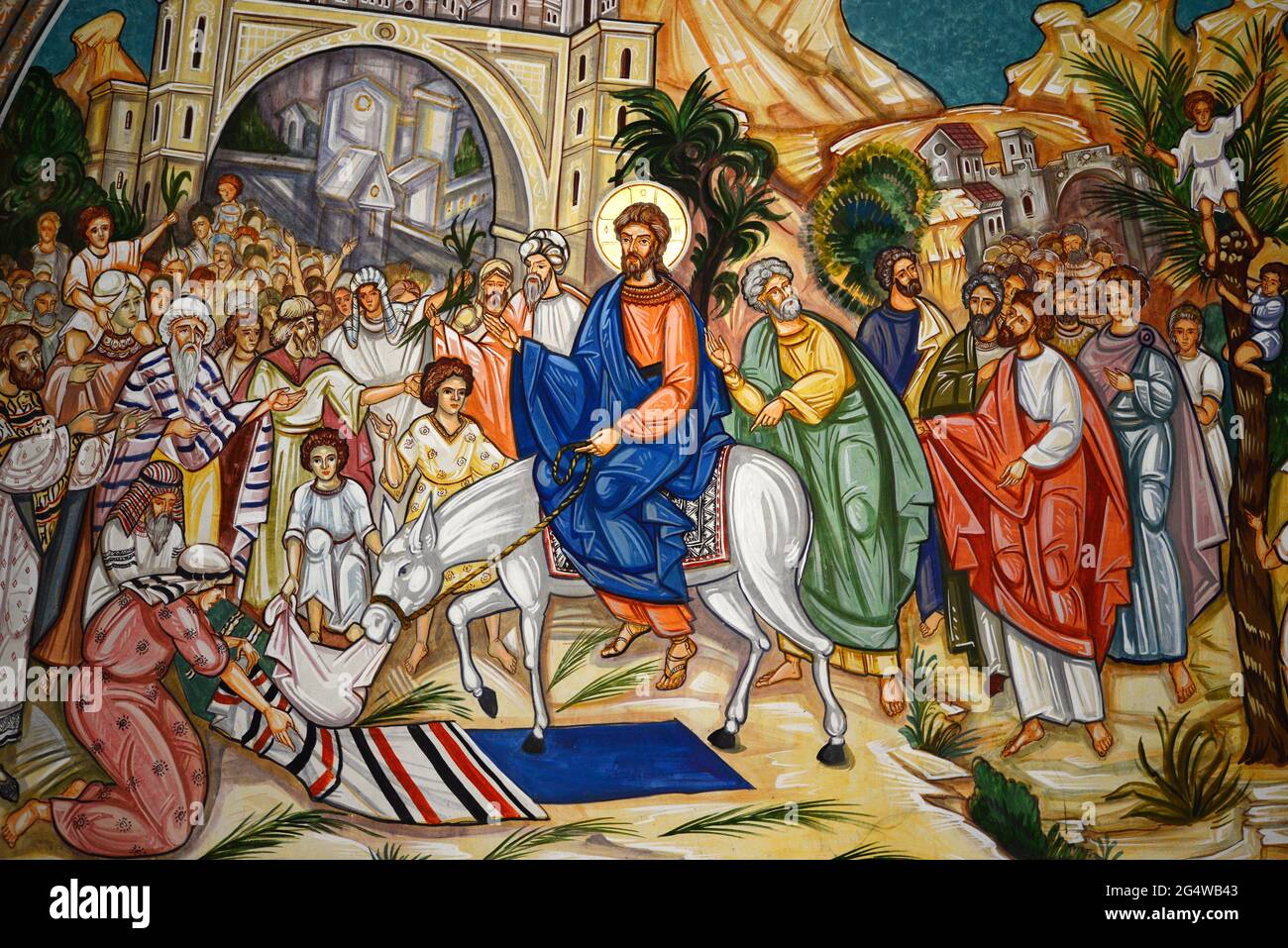 jesus christ on a donkey icon jerusalem entrance scene Stock Photo