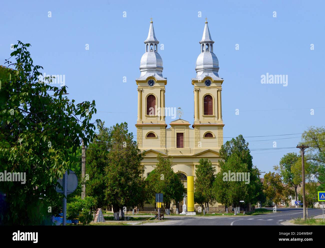 Sandra village catholic church romania landmark architecture Stock Photo