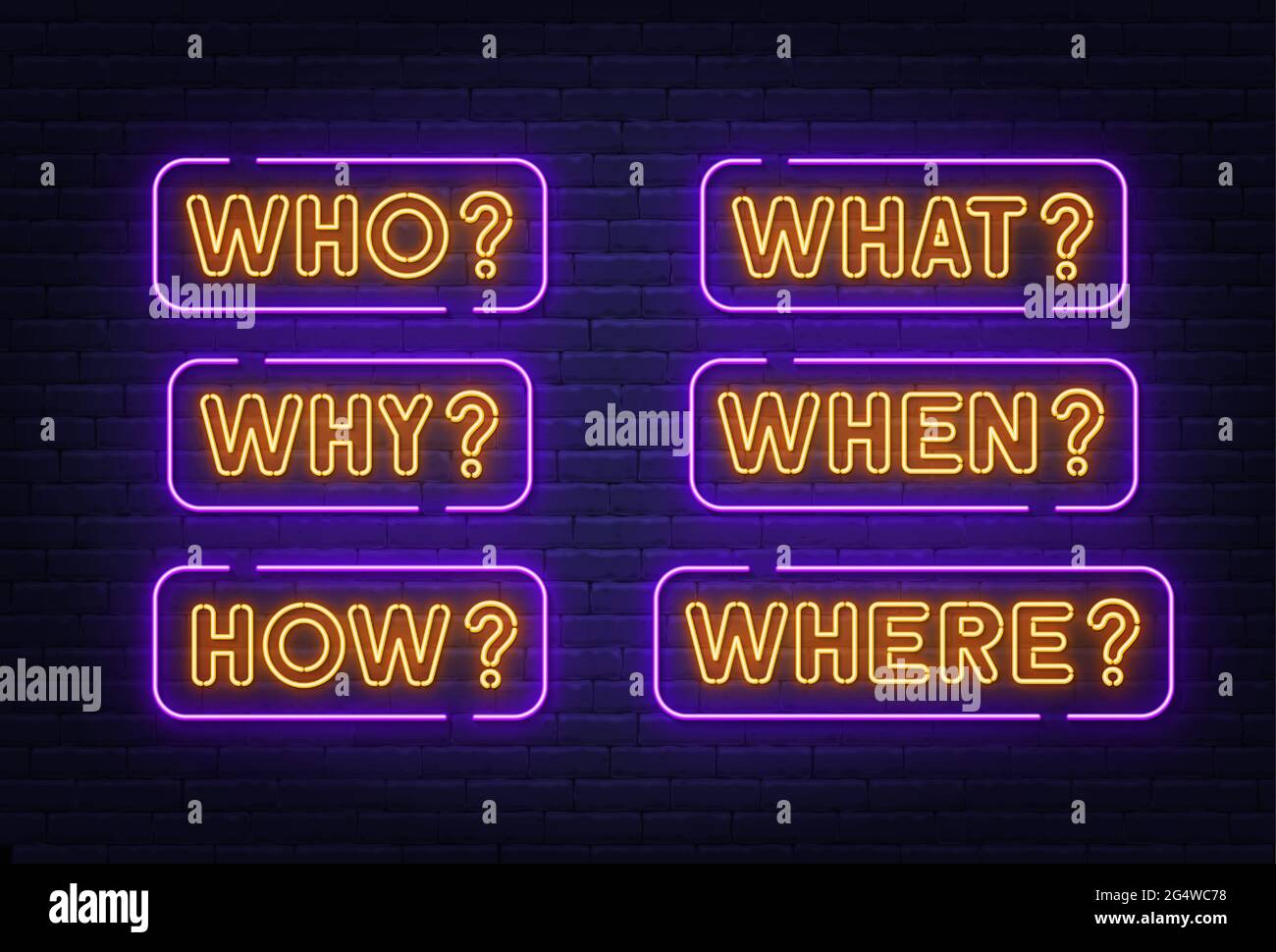Who Why How What When Where neon sign on brick wall background Stock ...