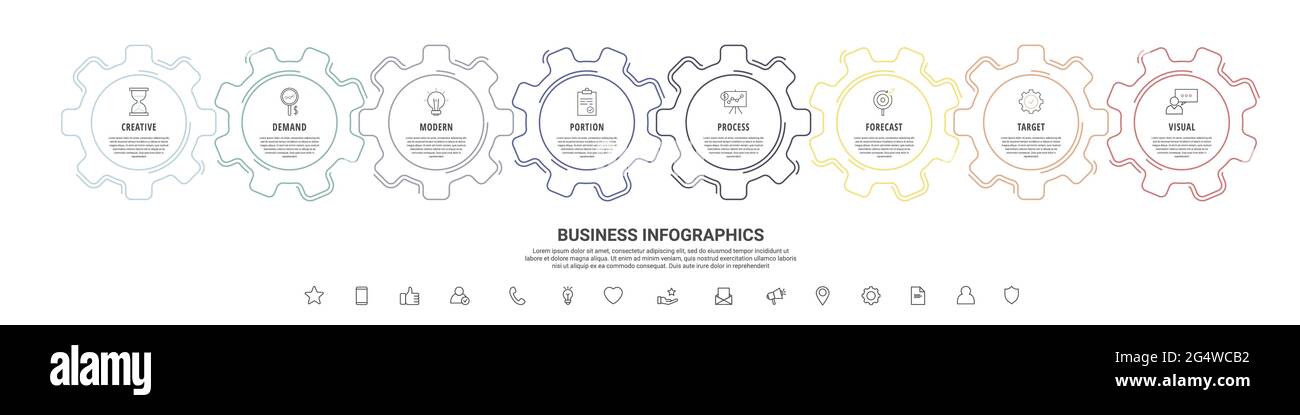 Line infographic gears with eight steps. Vector timeline with cogwheels for business concept and chart Stock Vector