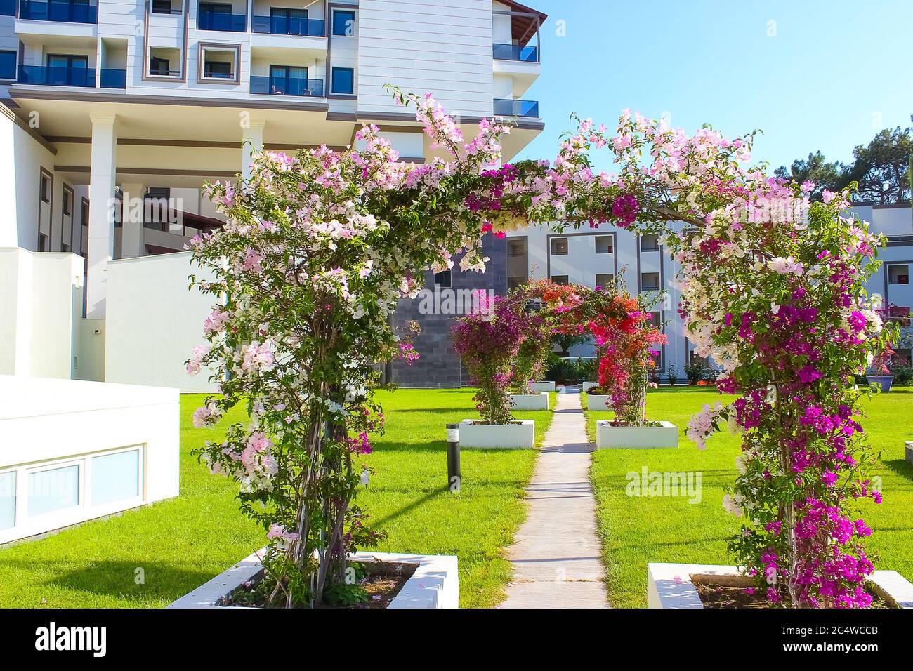 Goynuk, Antalya, Turkey - May 11, 2021: Main entrance to Seven Seas Hotel Life Ultra All Inclusive and Kids Concept 5 star at Goynuk, Antalya, Turkey on May 11, 2021. Stock Photo