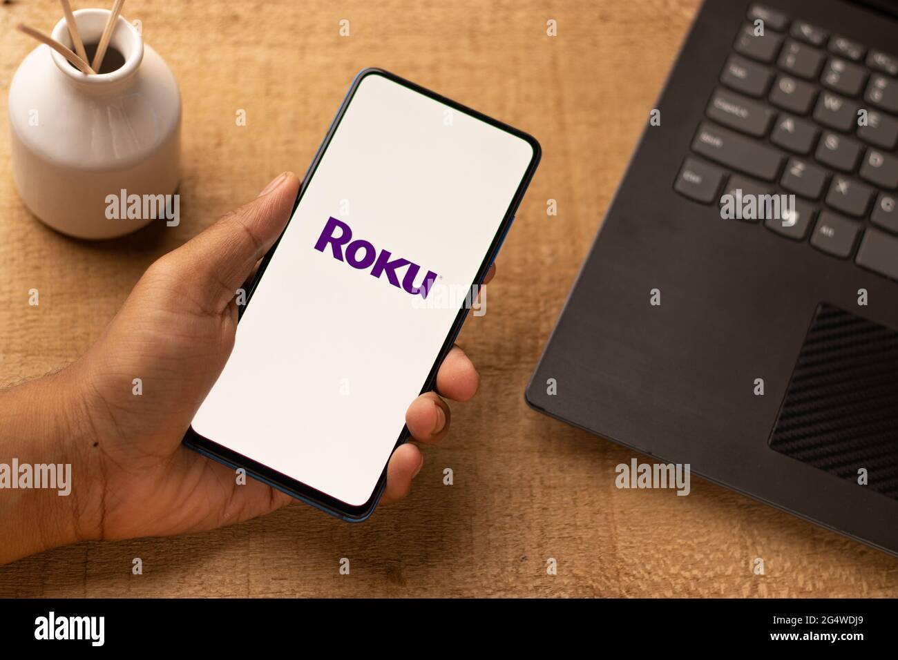 Roku tv logo on phone screen stock image Stock Photo - Alamy