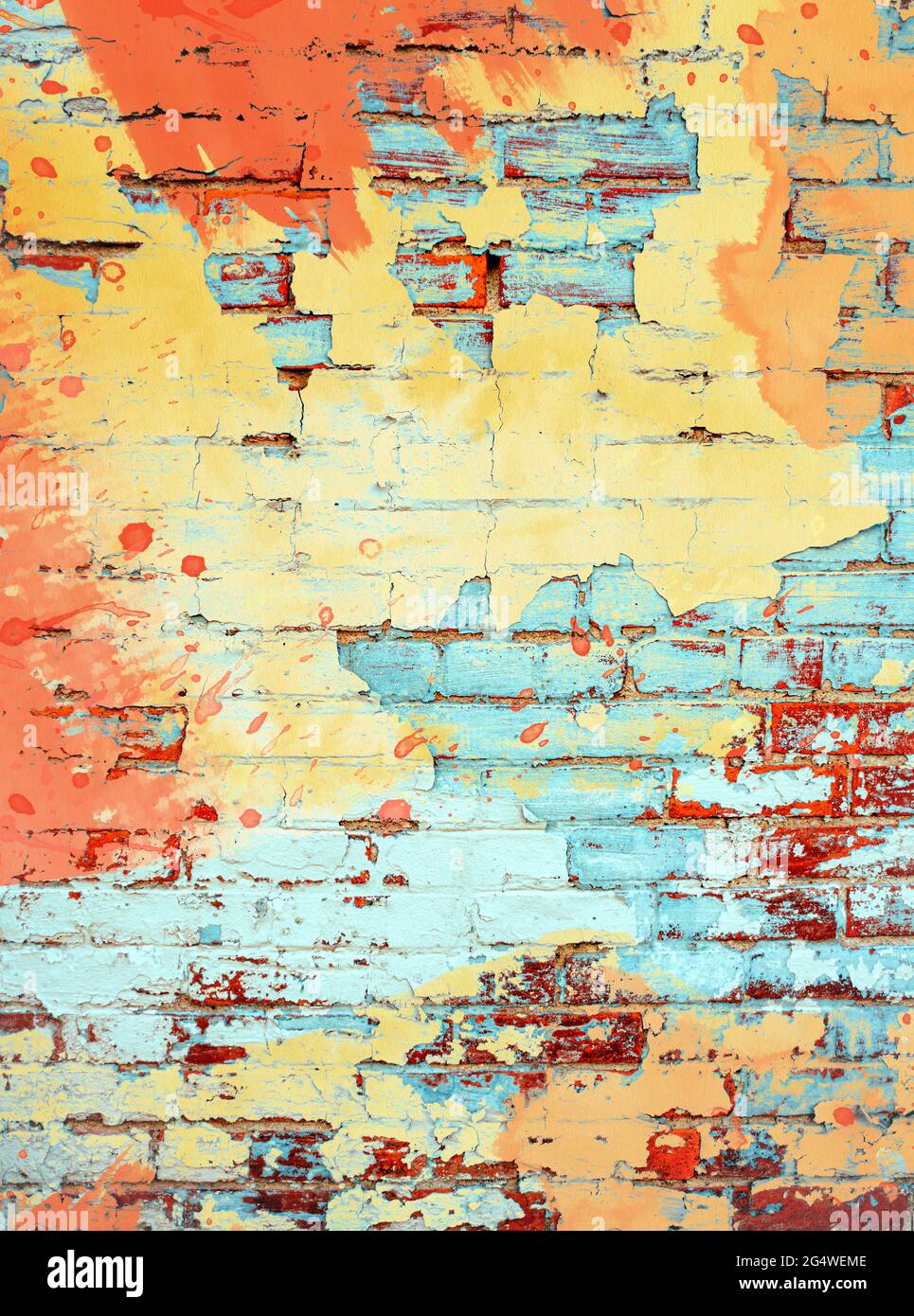 Brightly colored orange yellow and aqua turquoise paint splatter digital painting on brick wall background texture with empty space room for text Stock Photo