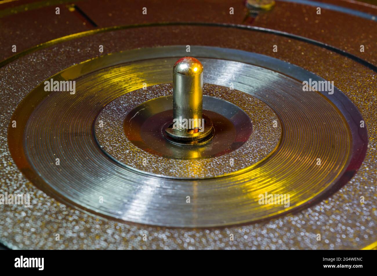 A Close-Up Studio Photograph of a the Turntable of a Home Record Player Stock Photo