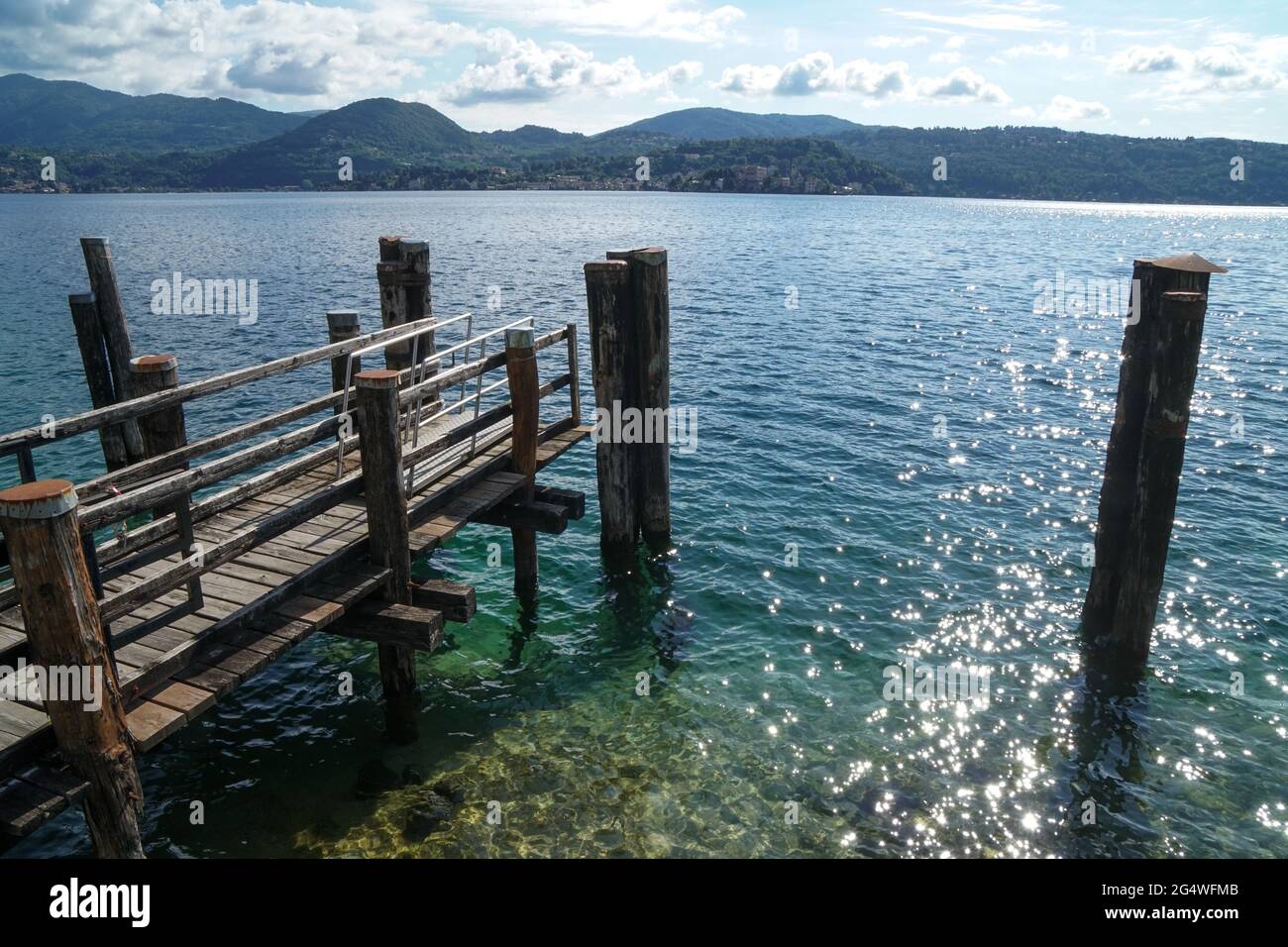 Pella - 07/12/2020: lboarding pier on Ortas's lake, Italy Stock Photo