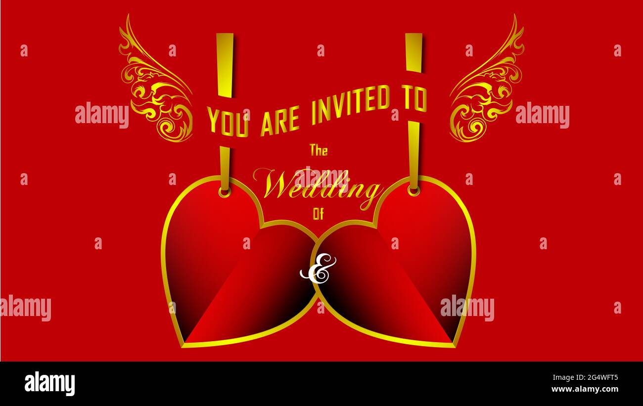 Wedding invitation card, couple of heart on red background Stock Photo -  Alamy