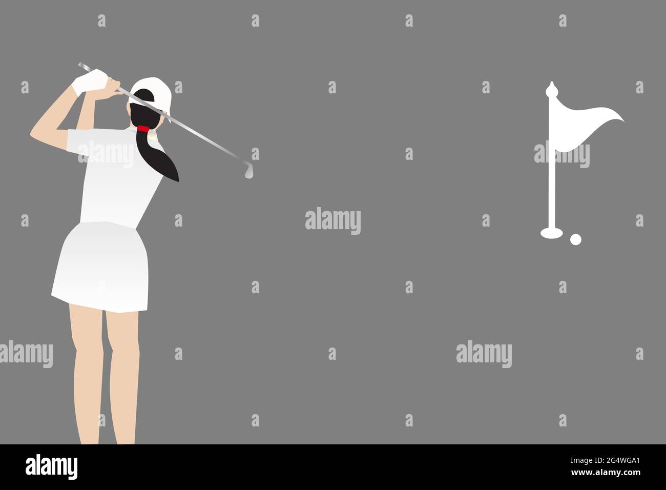 Golf player back side,  female Golfer, Sport woman playing golf, Pretty gir playing gofl on white dress Stock Photo