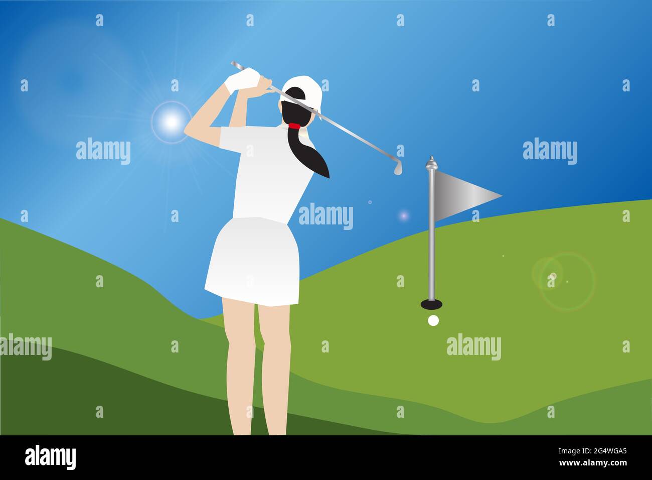 Golf player Female Golfer, Sport woman playing golf, Pretty girl playing gofl on green field under blue sky day Stock Photo