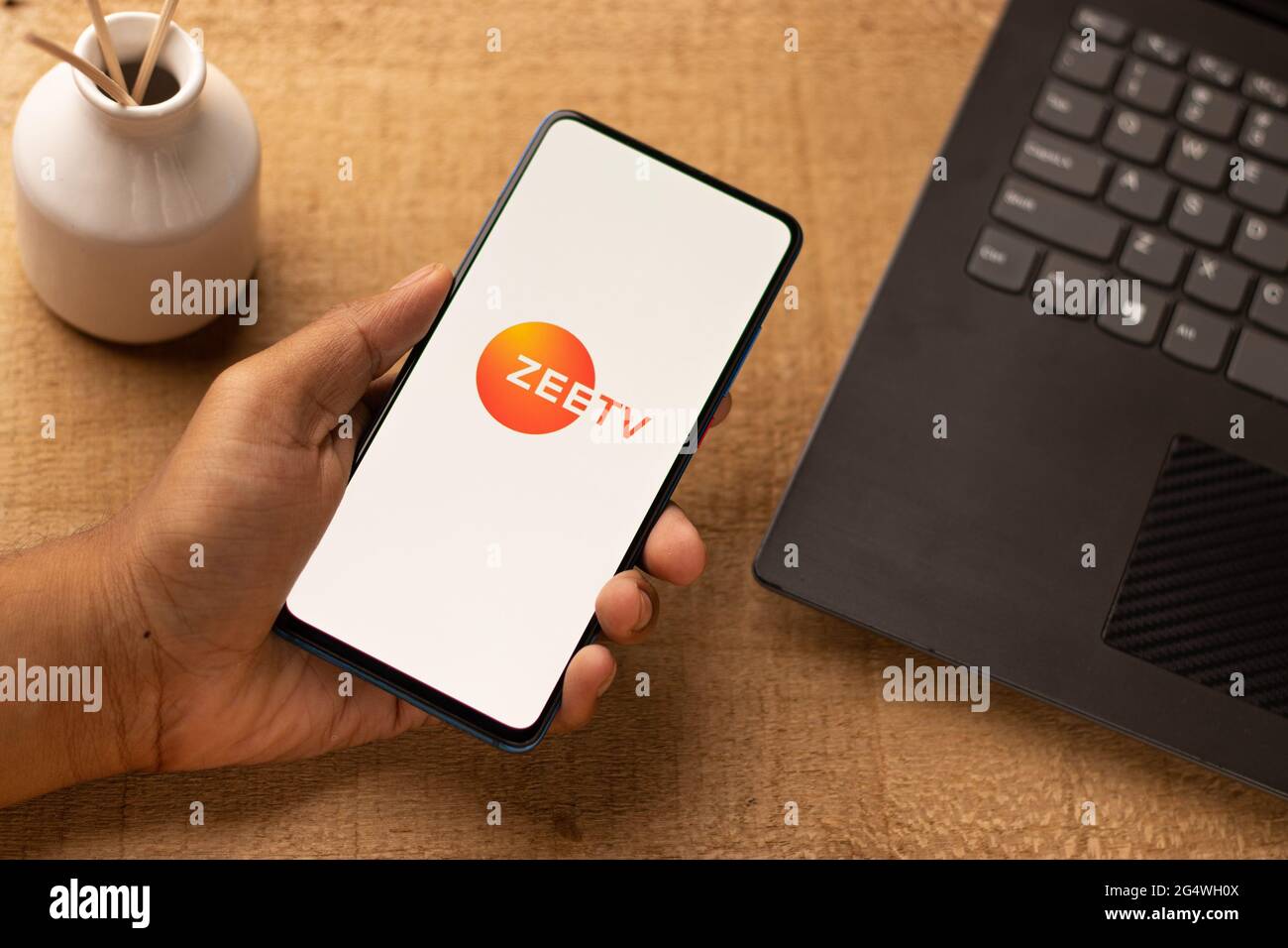 Zee TV logo on phone screen stock image. Stock Photo