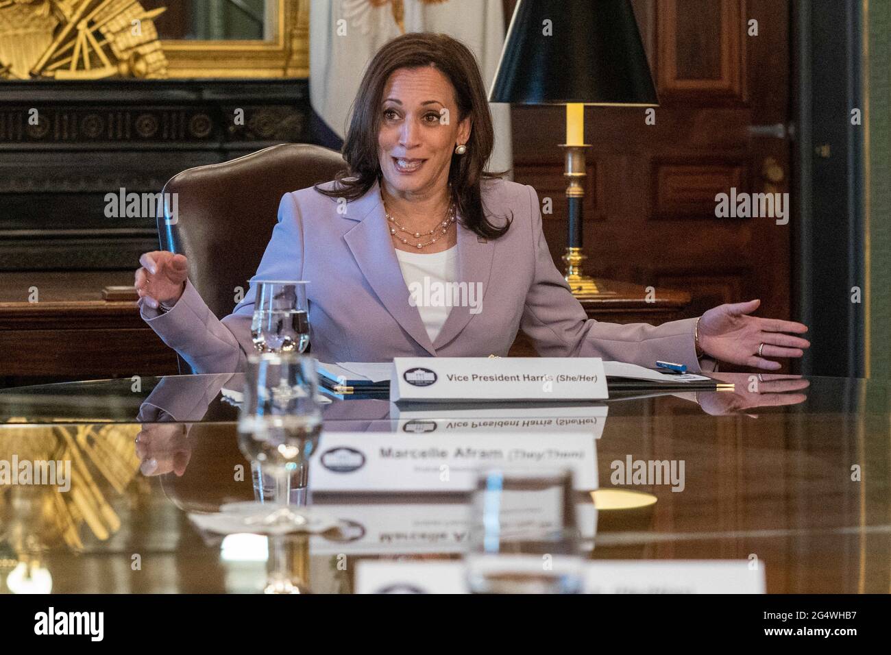 United States Vice President Kamala Harris holds a roundtable marking LGBTQ+ Pride Month in the VPâÂ€Â™s office of the Eisenhower Executive Office Building in Washington, U.S., June 23, 2021 in Washington DC. Photo by Ken Cedeno/Pool/ABACAPRESS.COM Stock Photo