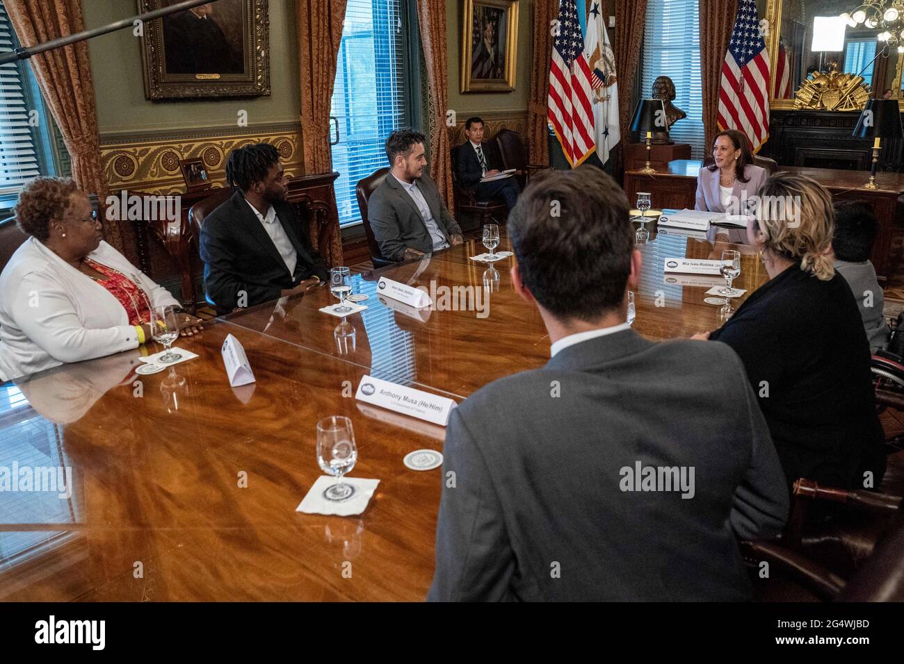 United States Vice President Kamala Harris holds a roundtable marking LGBTQ+ Pride Month in the VPâÂ€Â™s office of the Eisenhower Executive Office Building in Washington, U.S., June 23, 2021 in Washington DC. Photo by Ken Cedeno/Pool/ABACAPRESS.COM Stock Photo