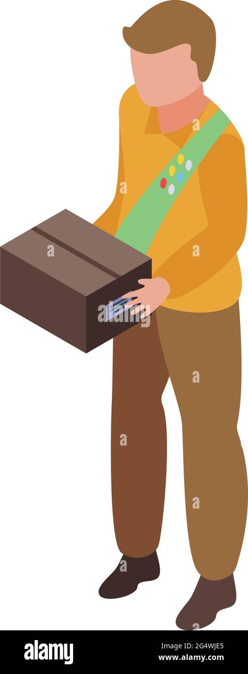Scout boy with box icon isometric vector. Explore camp. Camper summer cookies Stock Vector