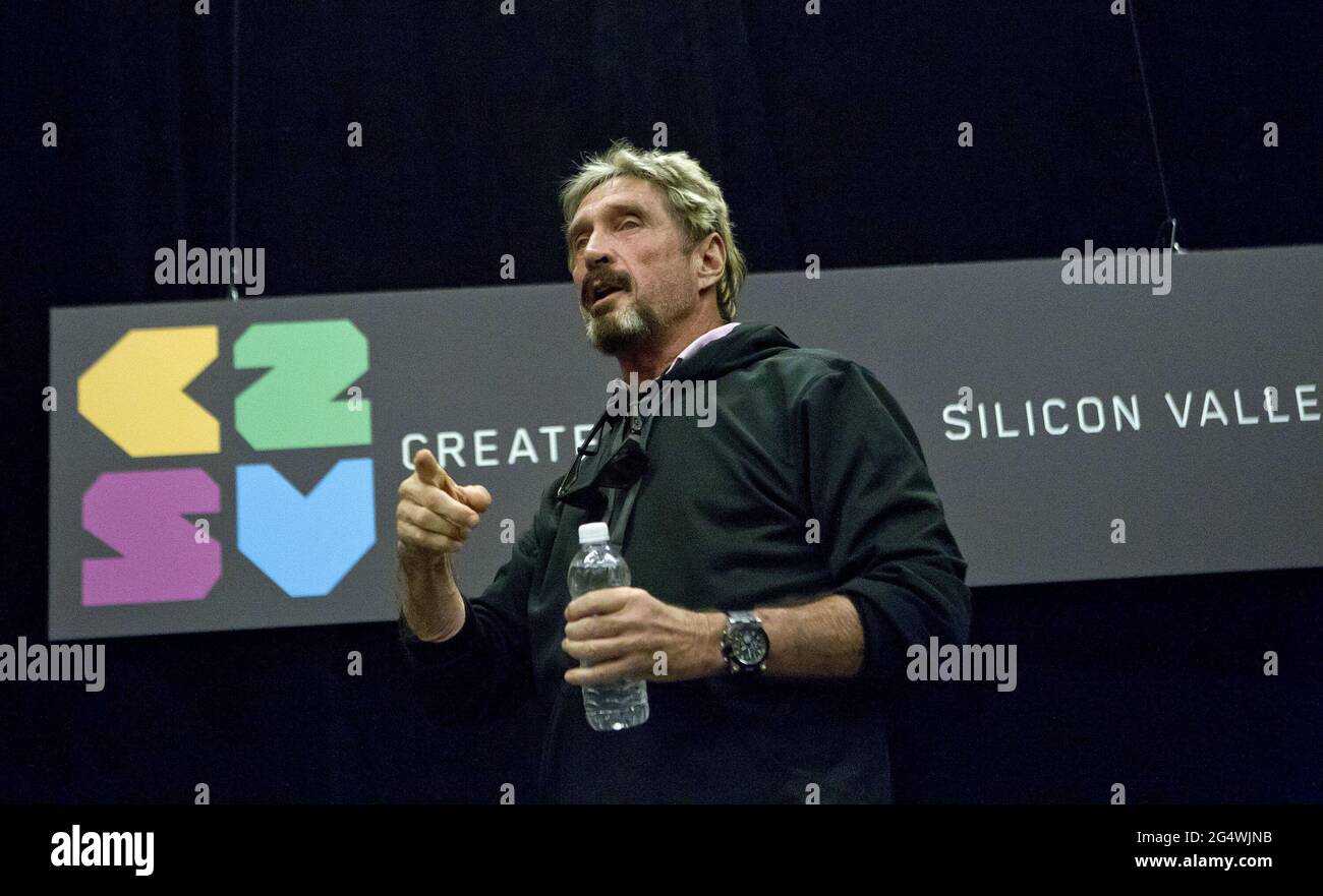 San Jose, USA. 28th Sep, 2013. John McAfee speaks during the C2SV Technology Conference   Music Festival at the McEnery Convention Center in San Jose, California, on September 28, 2013. (Photo by LiPo Ching/Bay Area News Group/MCT/Sipa USA) Credit: Sipa USA/Alamy Live News Stock Photo