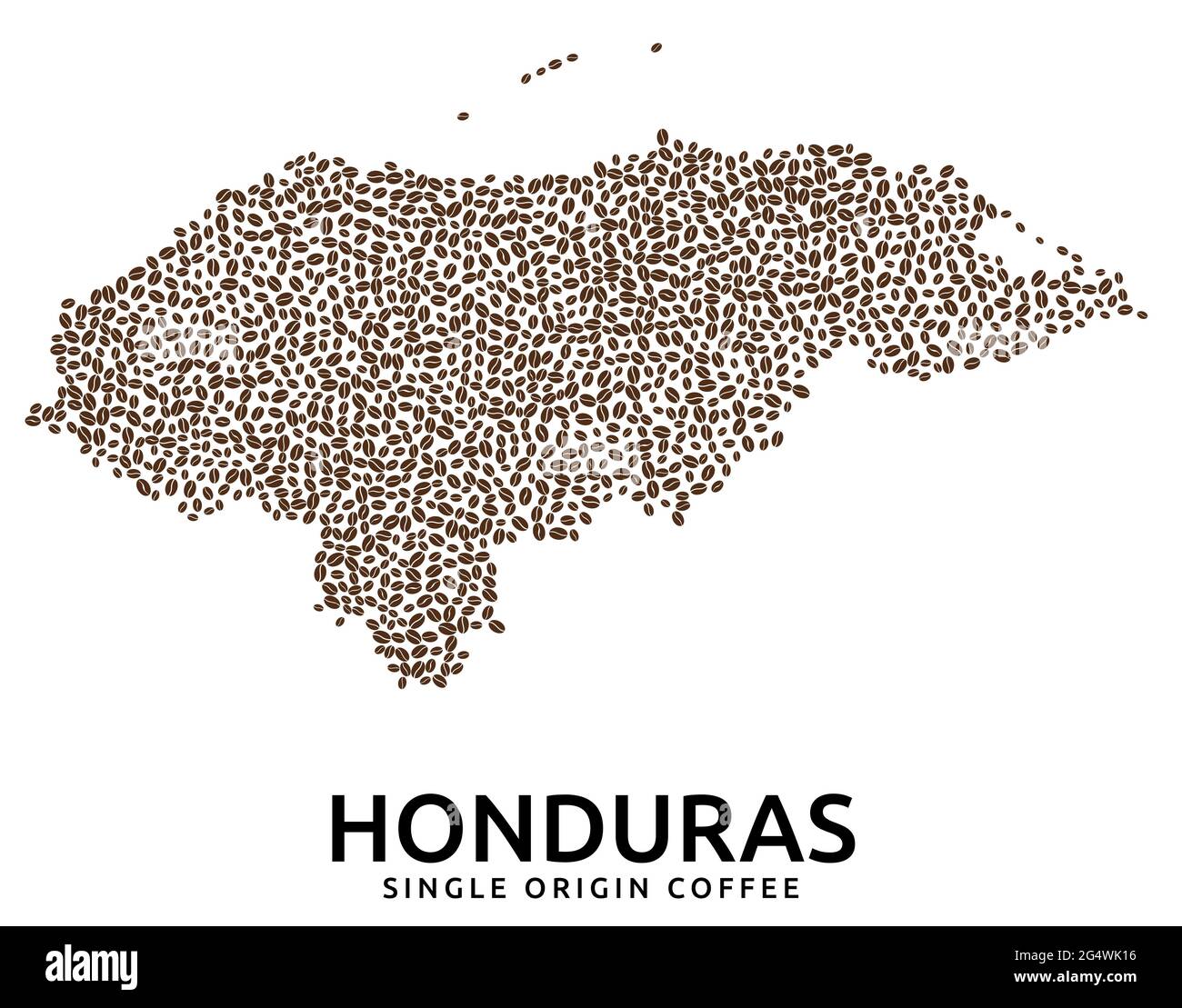 Shape of Honduras map made of scattered coffee beans, country name below Stock Vector