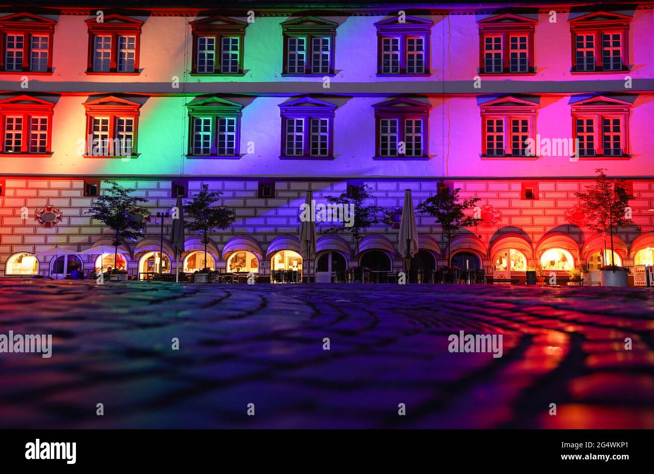 Coburg, Germany. 23rd June, 2021. Football: European Championship, Germany - Hungary, preliminary round, Group F, 3rd matchday: Coburg's town hall is illuminated in rainbow colours. The illumination is a reaction to UEFA's decision. Credit: Nicolas Armer/dpa/Alamy Live News Stock Photo