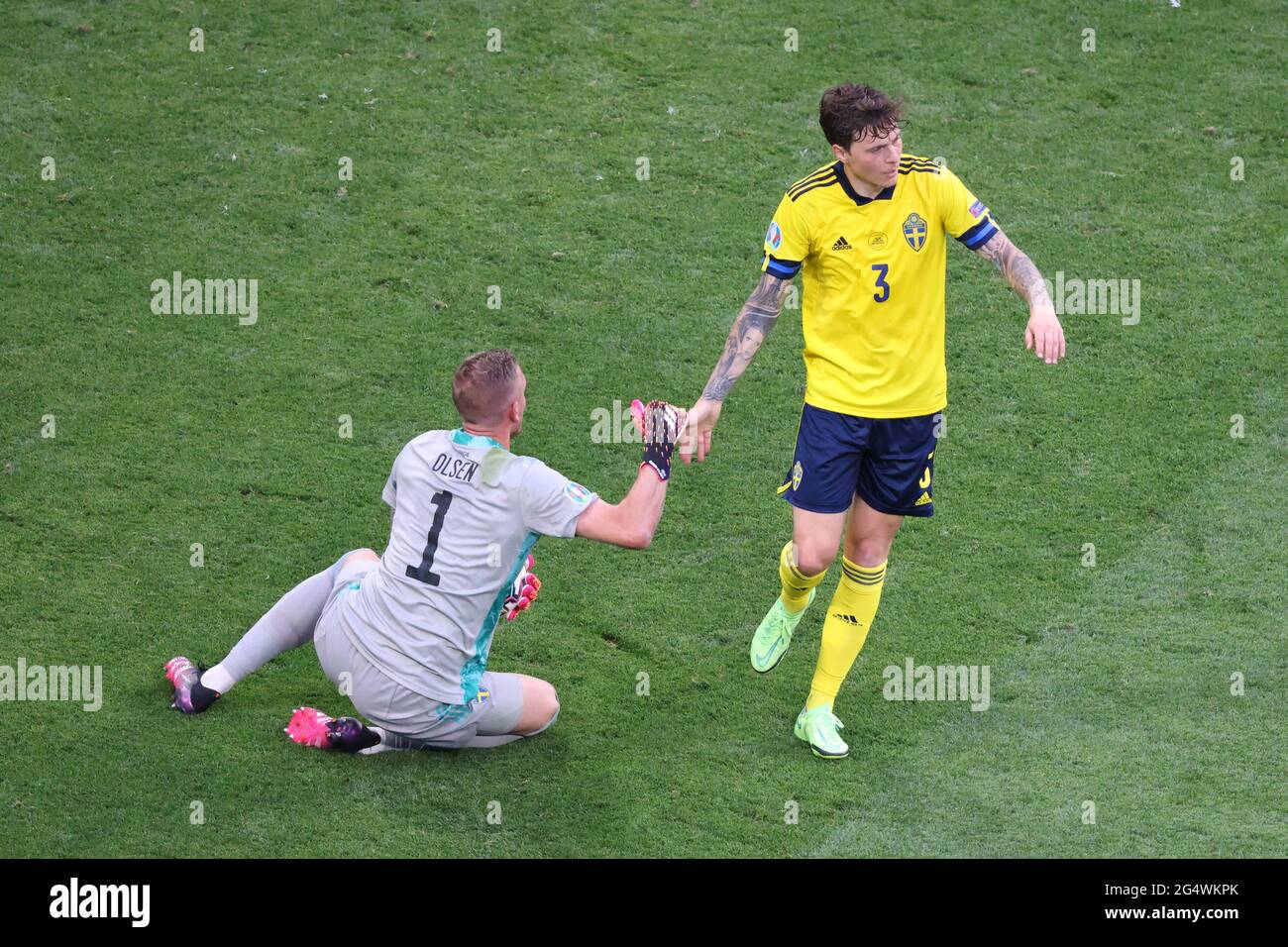 Saint Petersburg, Russia. 23rd June, 2021. Robin Olsen (1) and Victor Lindelof (3) of Sweden are seen in action during the European championship EURO 2020 between Poland and Sweden at Gazprom Arena. (Final Score; Poland 2:3 Sweden). Credit: SOPA Images Limited/Alamy Live News Stock Photo