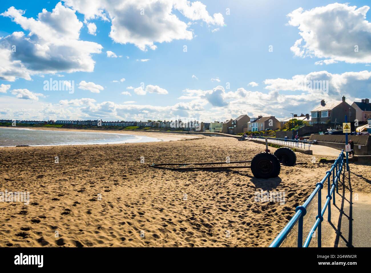 View of the Beach from the Promenade at Newbiggin-by-the-Sea Stock Photo