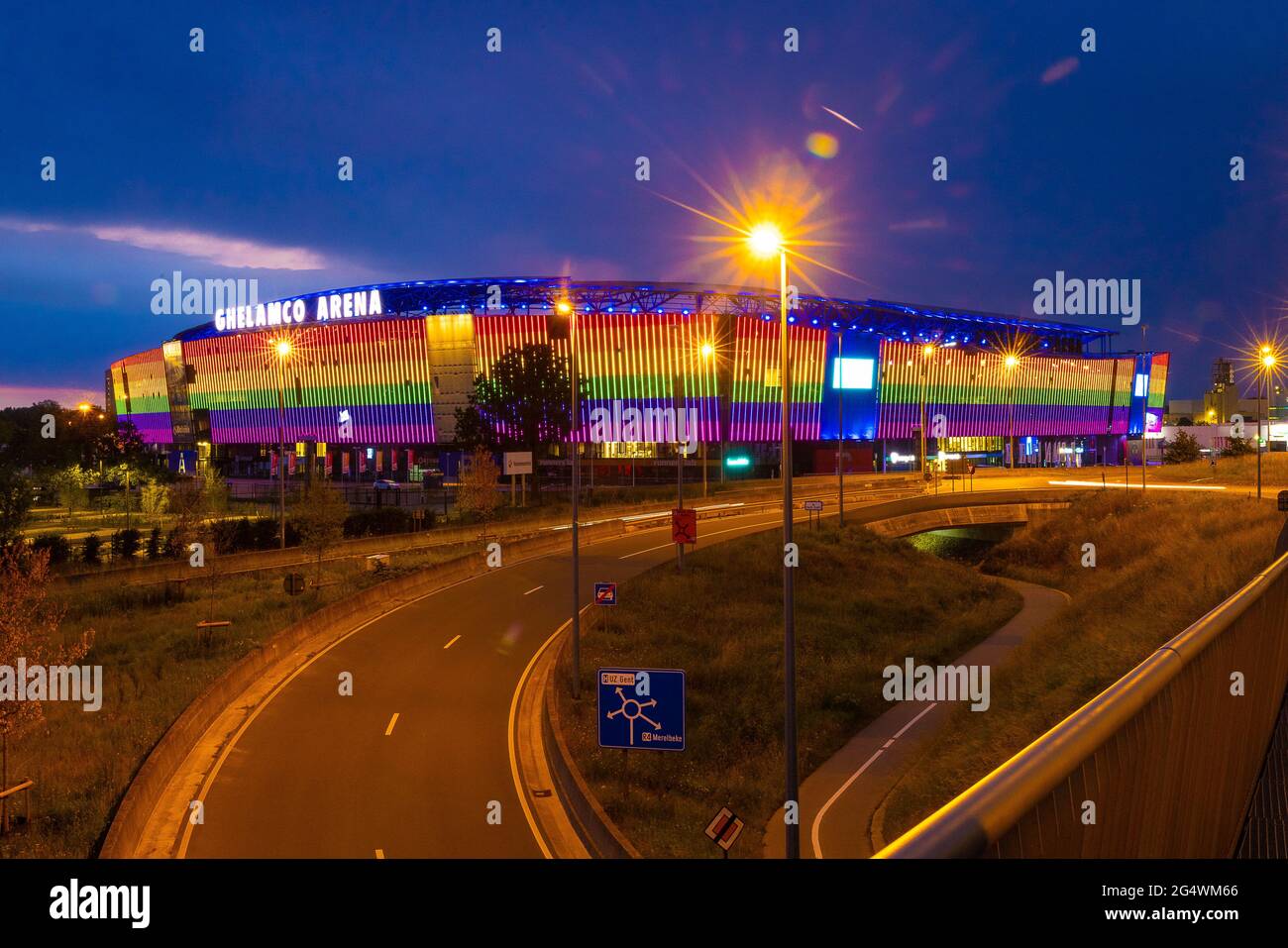 The Ghelamco Arena, home base of Jupiler Pro League first division soccer team KAA Gent is covered in rainbow lights, Wednesday 23 June 2021 in Gent. Stock Photo