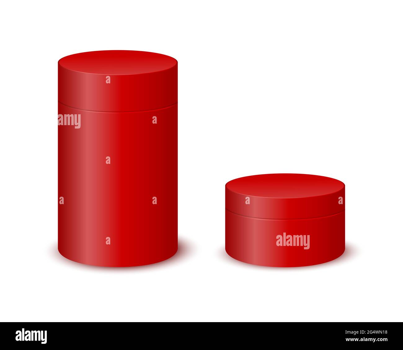 Red tube boxes isolated on white background. Cylinder cardboard, plastic or metal package mockup for product design. Blank containers for gifts, food, tea, hats. Vector realistic illustration. Stock Vector