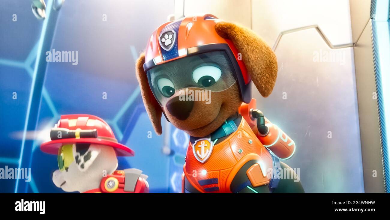 USA. A scene from the (C)Paramount Pictures new film: Paw Patrol: The Movie  (2021). Plot: Ryder and the pups are called to Adventure City to stop Mayor  Humdinger from turning the bustling