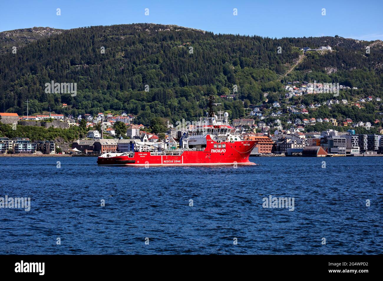 Offshore support and escort vessel Thor Modi at Puddefjorden, outside  port of Bergen, Norway. Stock Photo