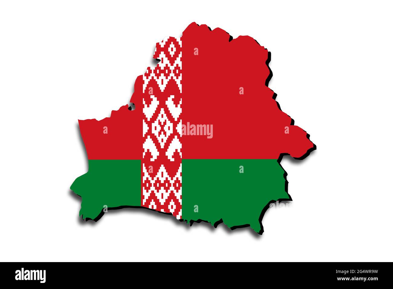 Outline map of Belarus with the national flag superimposed over the country. 3D graphics casting a shadow on the white background Stock Photo
