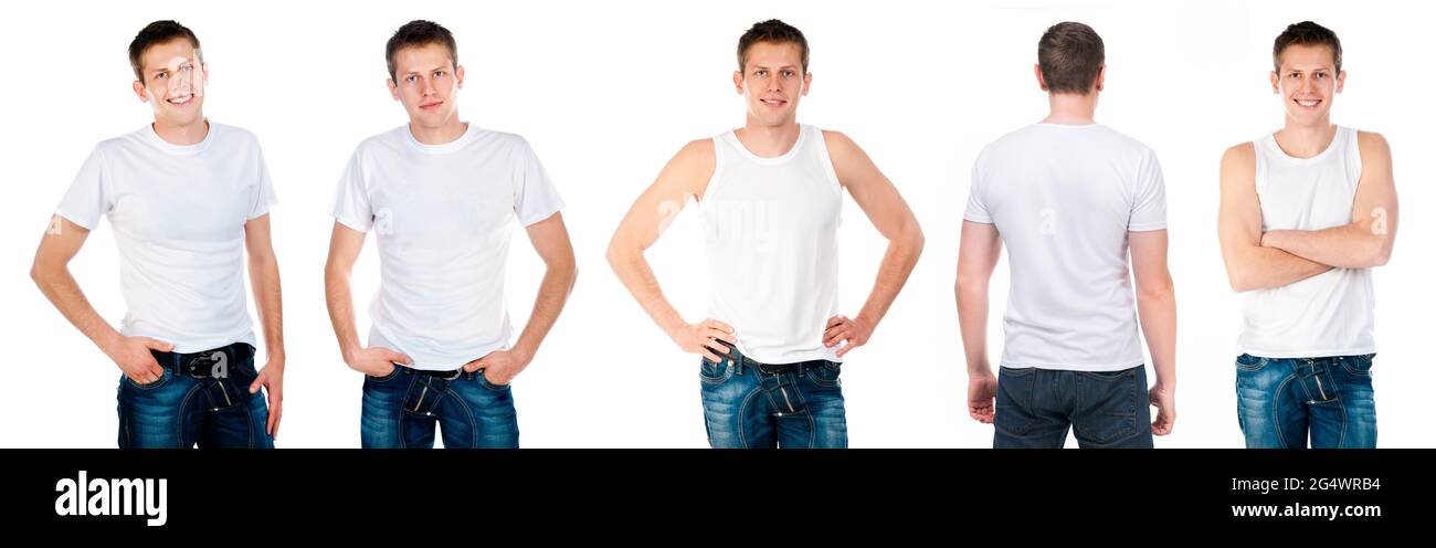 Set of men in white shortsleeved T Shirt and singlet isolated on white background for your design Stock Photo